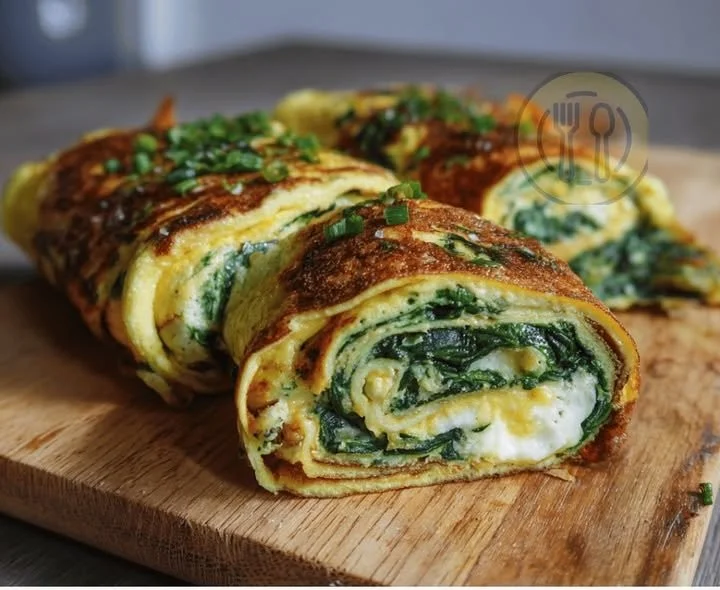 Omelette roulée aux épinards servie avec des herbes fraîches