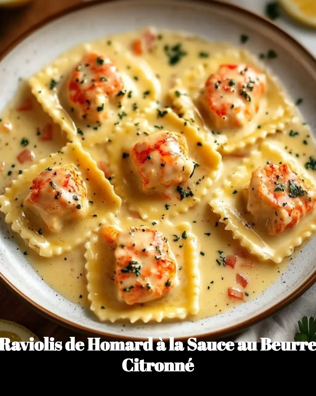 Raviolis de homard à la sauce au beurre citronné, plat raffiné et savoureux.