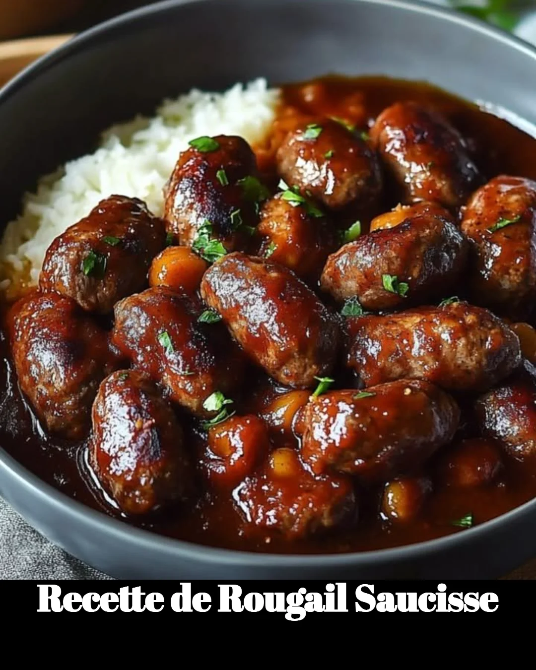 Plat de rougail saucisse, recette épicée de La Réunion avec saucisses et tomates.