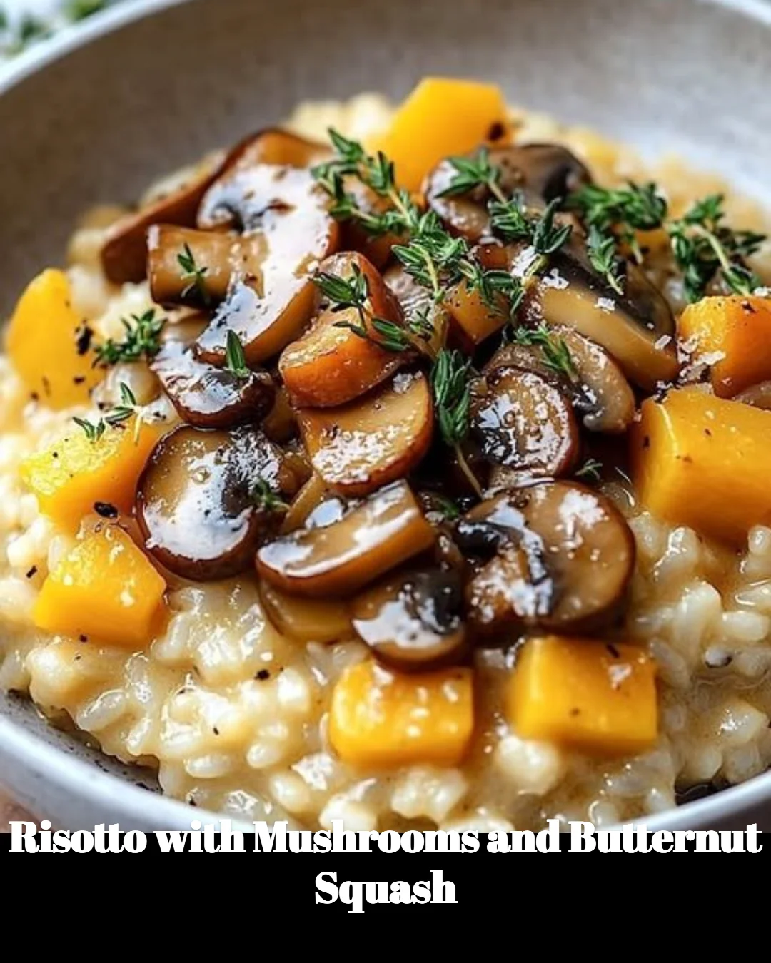 Risotto crémeux aux champignons et courge butternut sur une assiette
