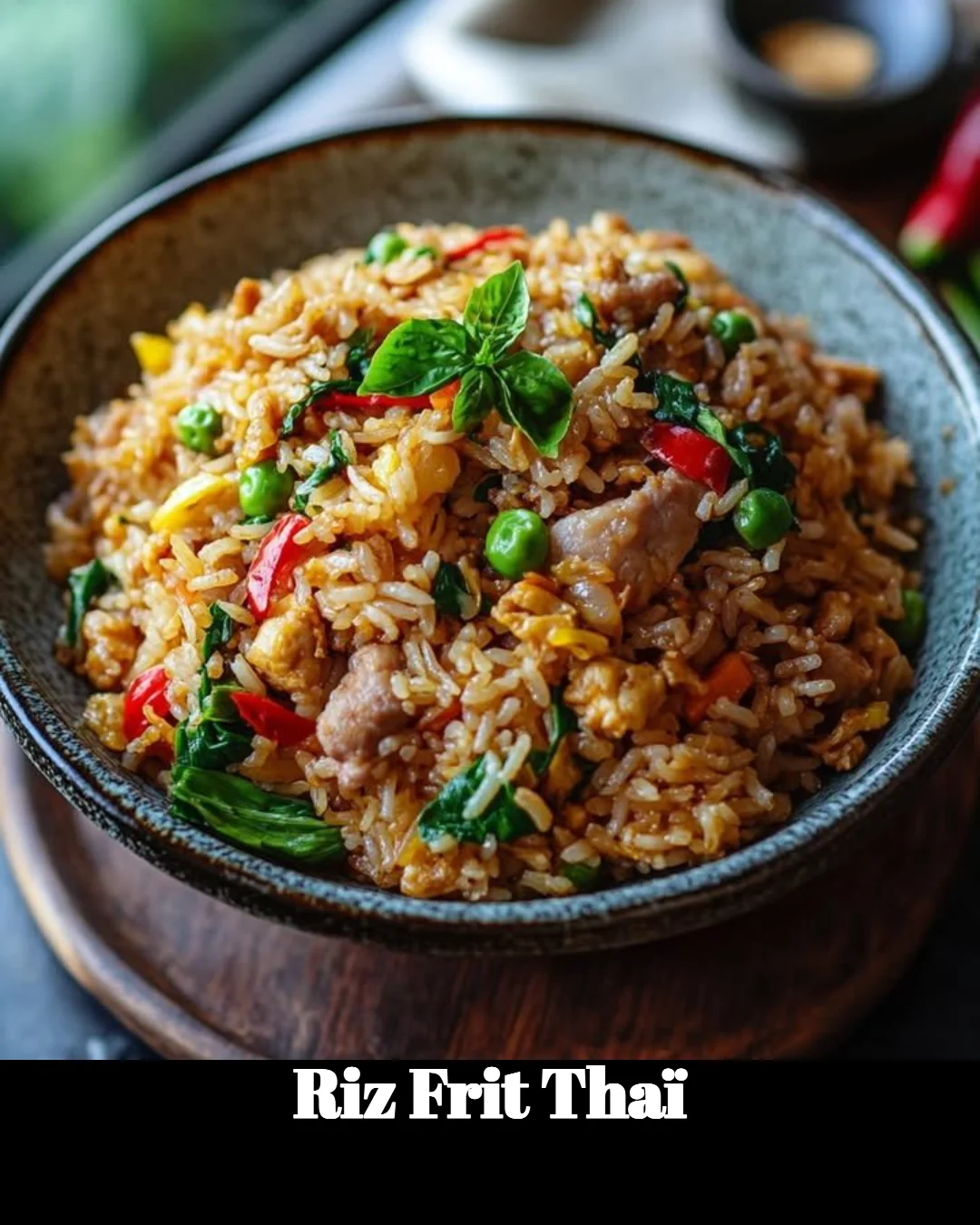 Assiette de Riz Frit Thaï garni de légumes frais et de crevettes