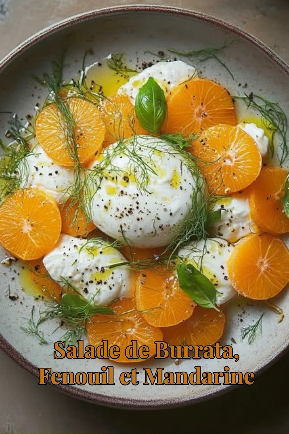Salade de Burrata avec fenouil et mandarine, recette fraîche et savoureuse.