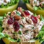 Salade de poulet aux pacanes et canneberges servie dans un bol.