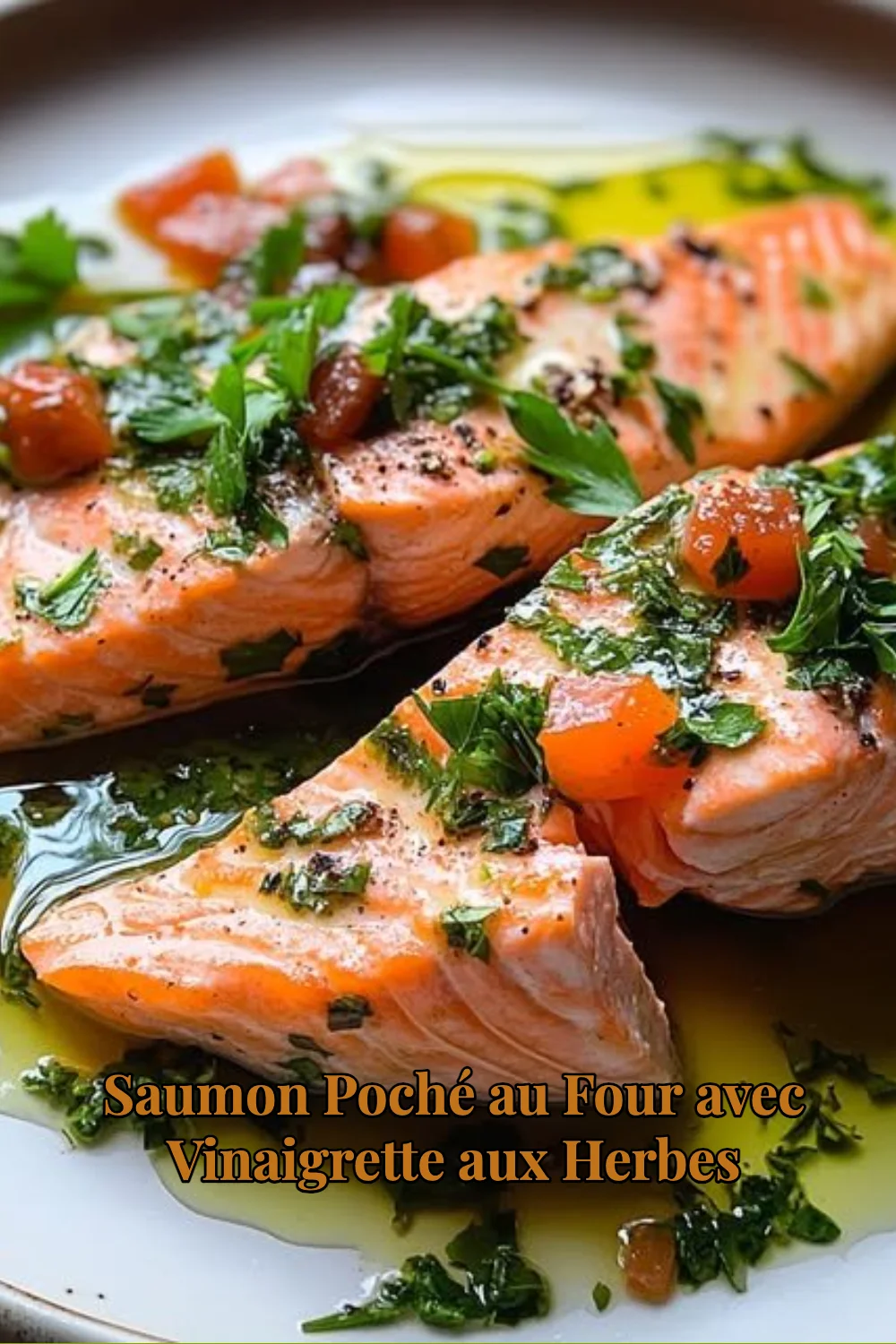 Saumon poché au four avec vinaigrette aux herbes, recette saine et délicieuse.