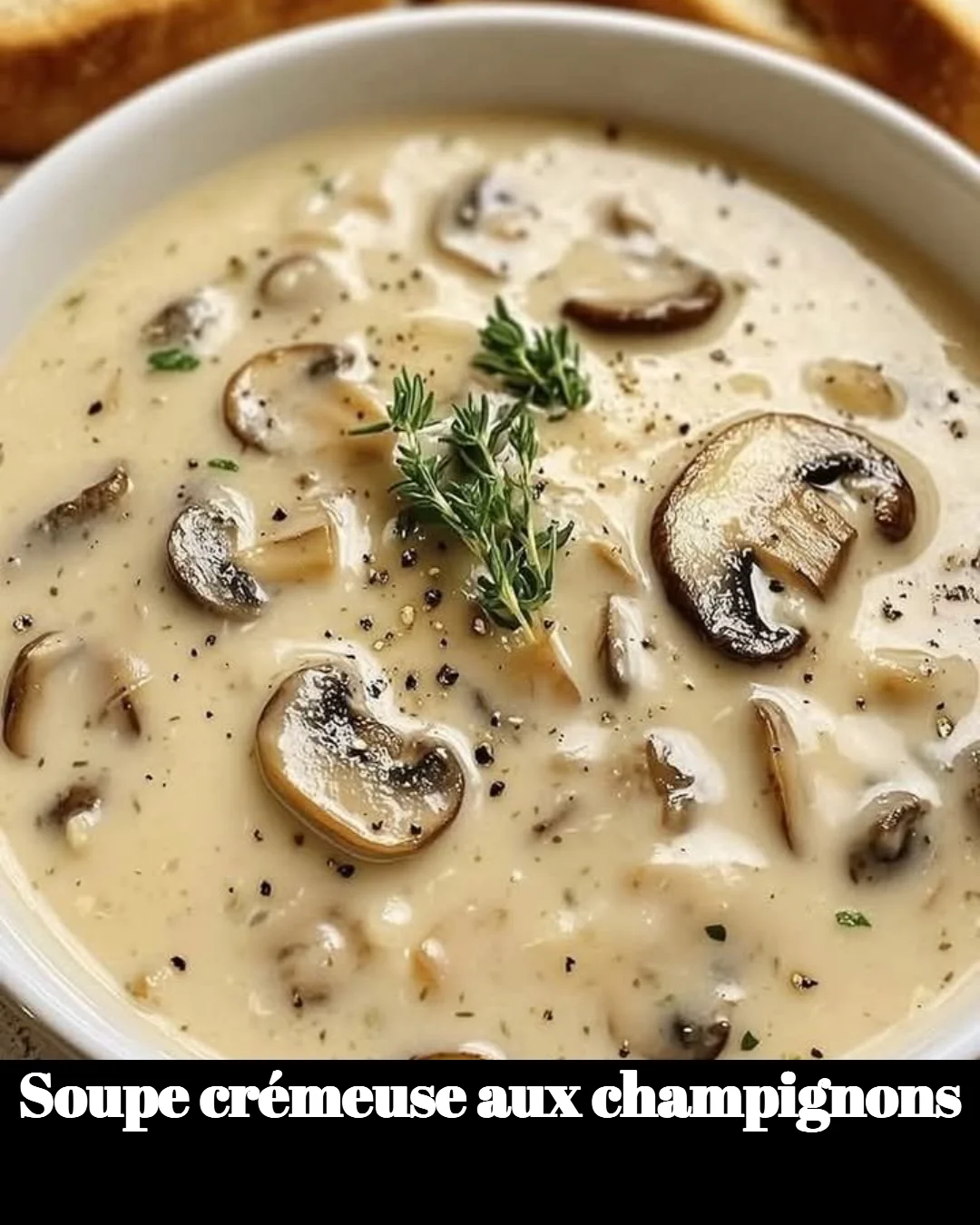 Soupe crémeuse aux champignons servie dans un bol.
