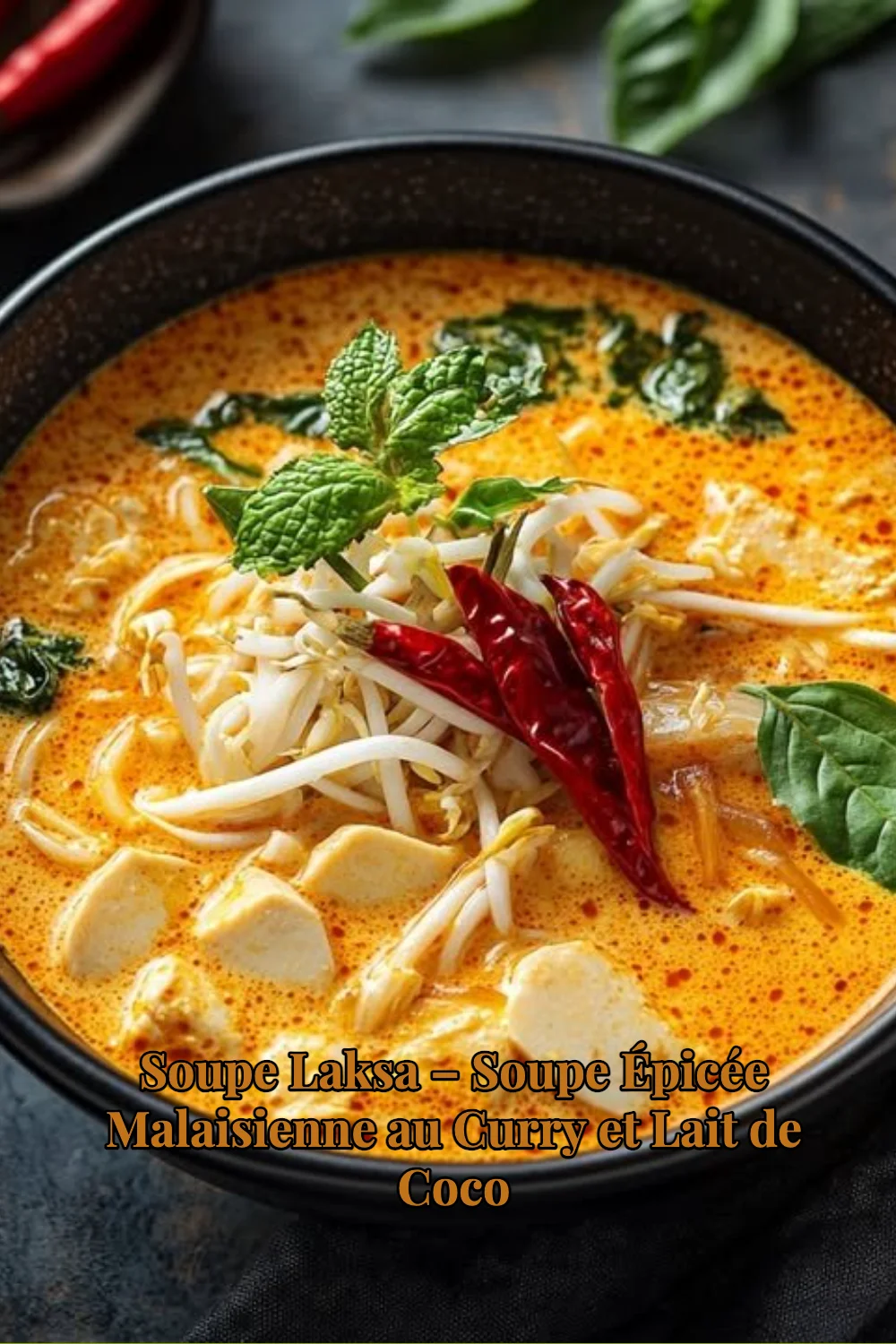 Bol de Soupe Laksa malaisienne au curry et lait de coco avec garnitures fraîches