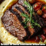 Brisket de boeuf lentement braisé avec des grits aux herbes
