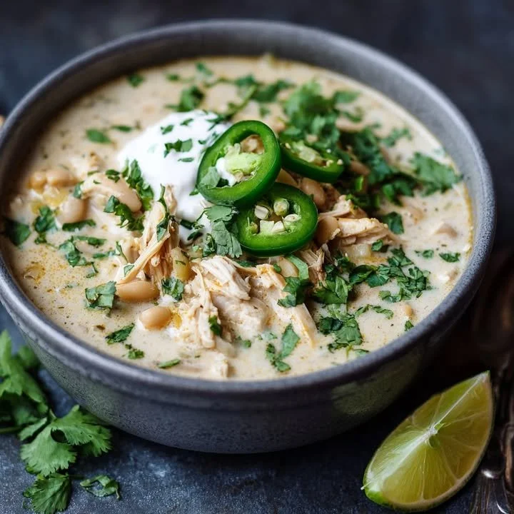 Chili Blanc au Poulet Crémeux dans une assiette garnie de coriandre fraîche