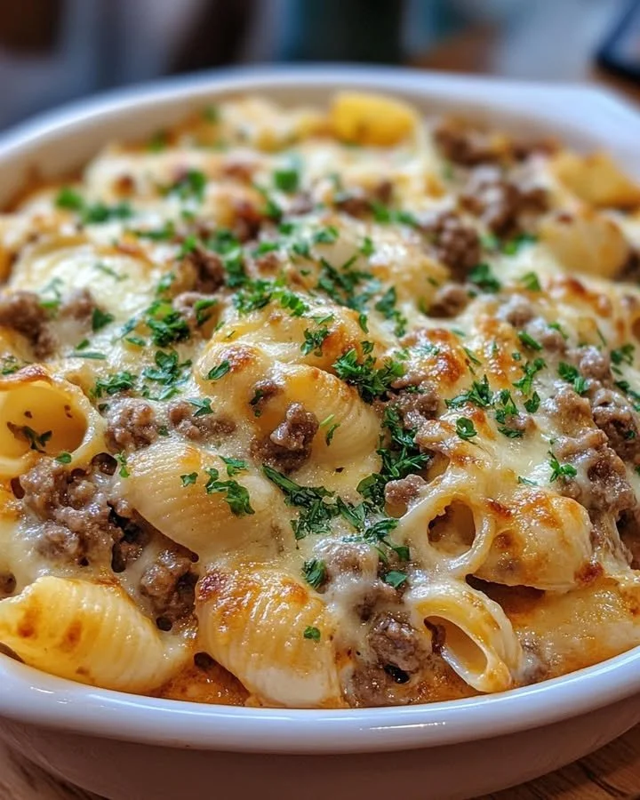 Coquilles de pâtes crémeuses préparées avec du boeuf haché.