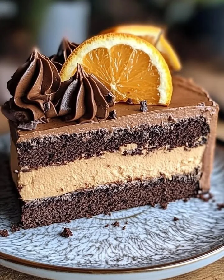 Gâteau au chocolat moelleux avec garniture à l'orange sur une assiette