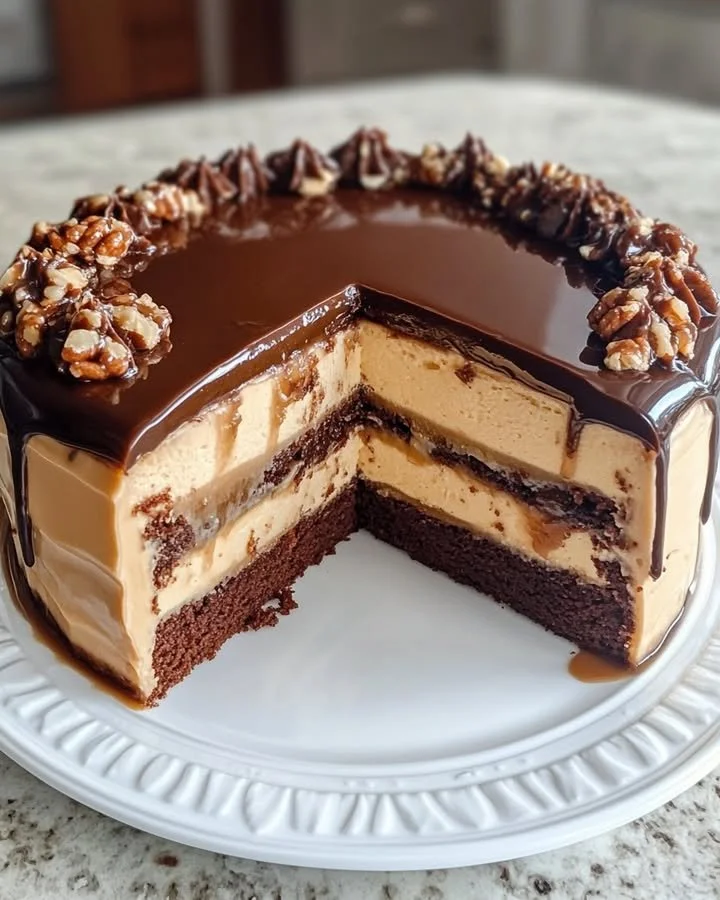 Photographie d'un gâteau cheesecake au caramel tortue, avec une texture crémeuse et une présentation appétissante.