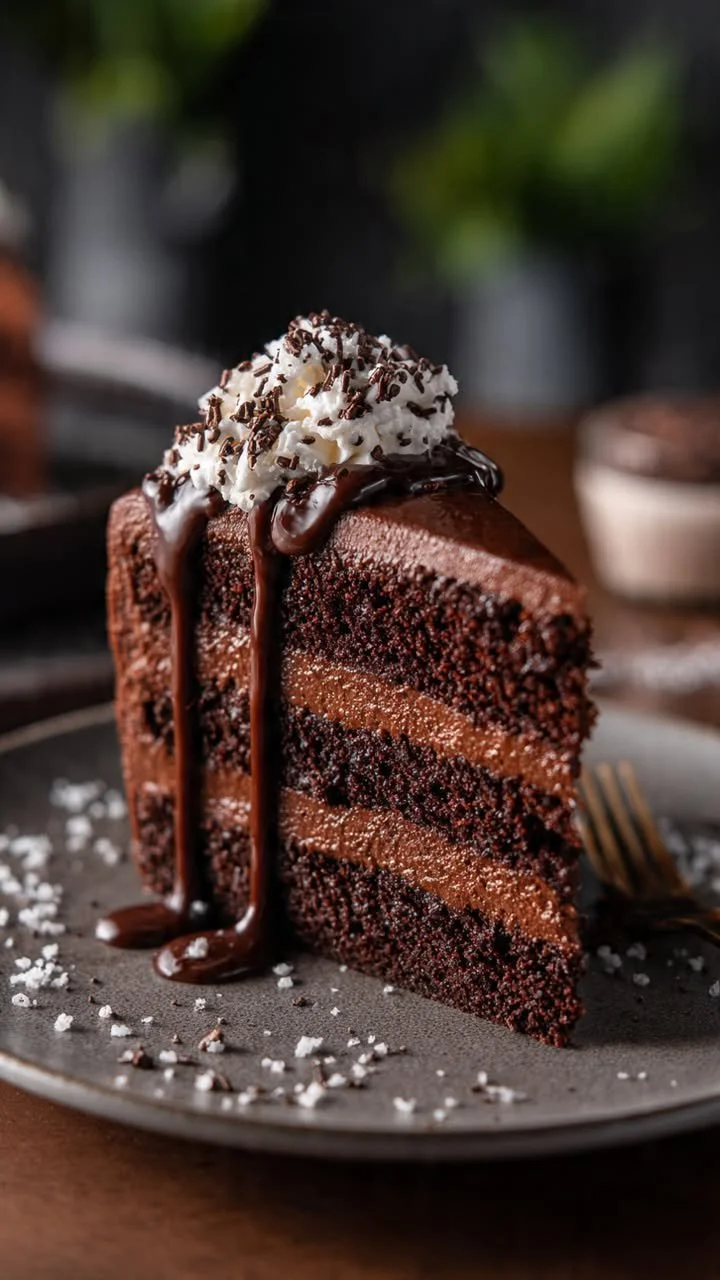 Gâteau Fudge Givré au chocolat avec un glaçage crémeux et décorations gourmandes