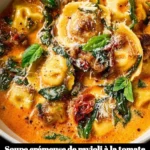 Soupe crémeuse de ravioli à la tomate servie dans un bol rustique.